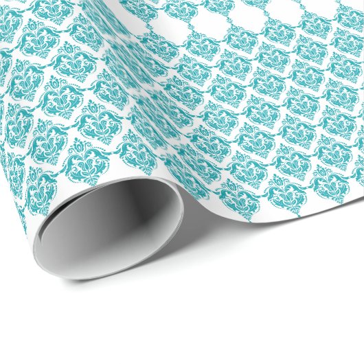 Turquoise & White Floral Damask Geometric Pattern Cadeaupapier (Rol Hoek)