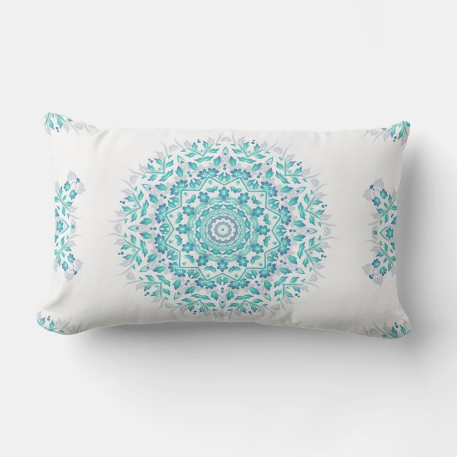 Turquoise White Floral Mandala Geometric Pattern Buitenkussen (Voorkant)