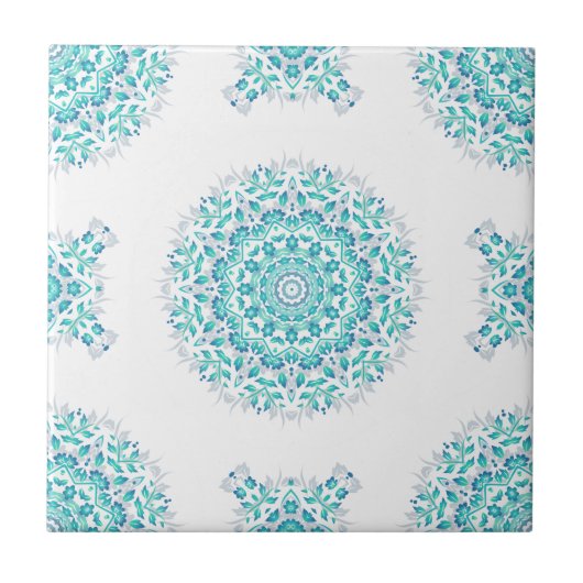 Turquoise White Floral Mandala Geometric Pattern Tegeltje (Voorkant)
