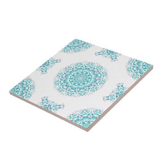 Turquoise White Floral Mandala Geometric Pattern Tegeltje (Zijkant)