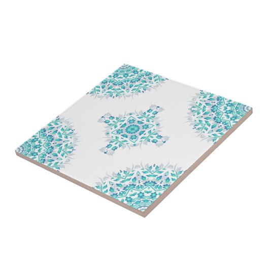 Turquoise White Floral Mandala Geometric Pattern Tegeltje (Zijkant)