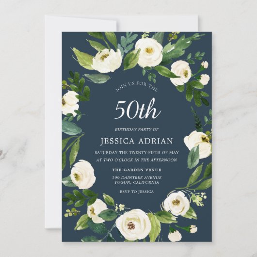 Turquoise White Flower 50th Birthday Invite Kaart (Voorkant)