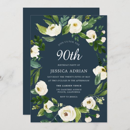 Turquoise White Flower 90th Birthday Invite Kaart (Voorkant / Achterkant)