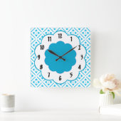 Turquoise White Flower Retro Pattern Wall Clock Vierkante Klok (Huis)