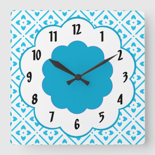 Turquoise White Flower Retro Pattern Wall Clock Vierkante Klok (Voorkant)