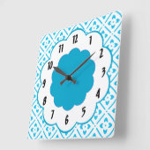 Turquoise White Flower Retro Pattern Wall Clock Vierkante Klok (Hoek)