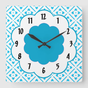 Turquoise White Flower Retro Pattern Wall Clock Vierkante Klok