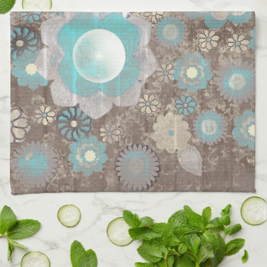 Turquoise-White Flowers American MoJo Kitchen Theedoek (Gevouwen)