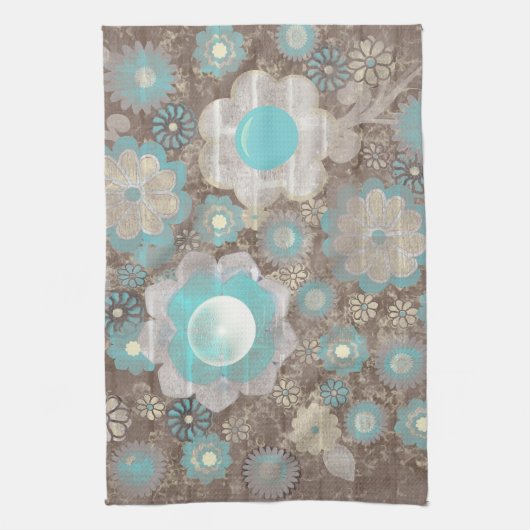 Turquoise-White Flowers American MoJo Kitchen Theedoek (Verticaal)