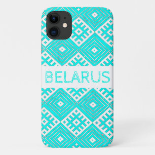 Turquoise White Folk print Belarus iPhone 11 Hoesj Case-Mate iPhone Case