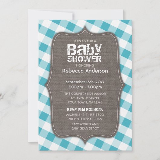 Turquoise & White Gingham Canvas Baby shower Kaart (Voorkant)