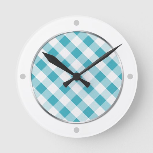 Turquoise & White Gingham Pattern Wall Clock Ronde Klok (Voorkant)