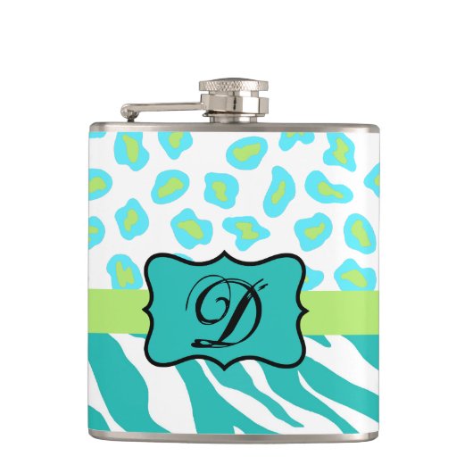 Turquoise White Green Zebra Leopard Skin Monogram Heupfles (Voorkant)
