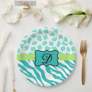 Turquoise White Green Zebra Leopard Skin Monogram Papieren Bordje