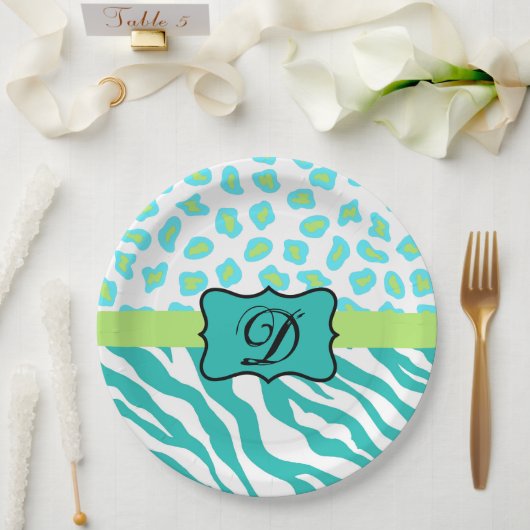 Turquoise White Green Zebra Leopard Skin Monogram Papieren Bordje (Huwelijk)