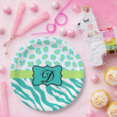 Turquoise White Green Zebra Leopard Skin Monogram Papieren Bordje (Feest)