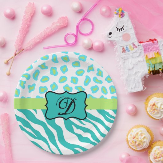 Turquoise White Green Zebra Leopard Skin Monogram Papieren Bordje (Feest)