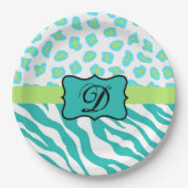 Turquoise White Green Zebra Leopard Skin Monogram Papieren Bordje (Voorkant)