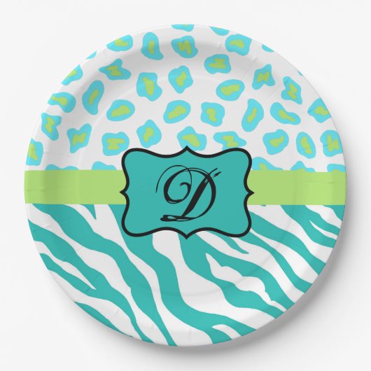Turquoise White Green Zebra Leopard Skin Monogram Papieren Bordje (Voorkant)