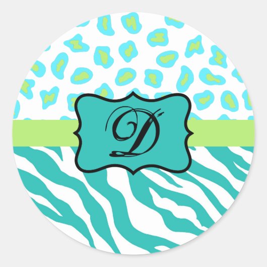 Turquoise White Green Zebra Leopard Skin Monogram Ronde Sticker (Voorkant)