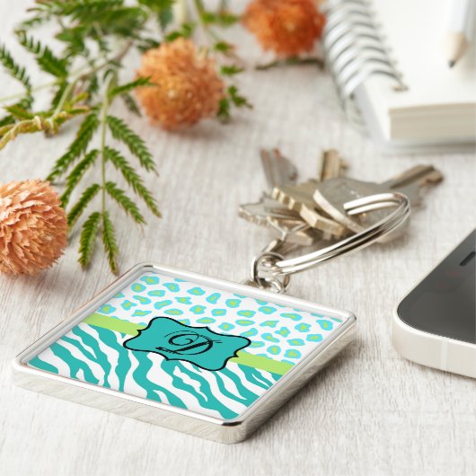 Turquoise White Green Zebra Leopard Skin Monogram Sleutelhanger (Zijkant)