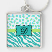 Turquoise White Green Zebra Leopard Skin Monogram Sleutelhanger (Voorkant)