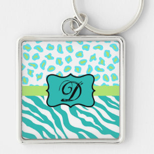 Turquoise White Green Zebra Leopard Skin Monogram Sleutelhanger