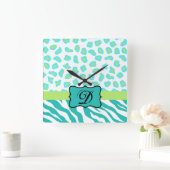 Turquoise White Green Zebra Leopard Skin Monogram Vierkante Klok (Huis)