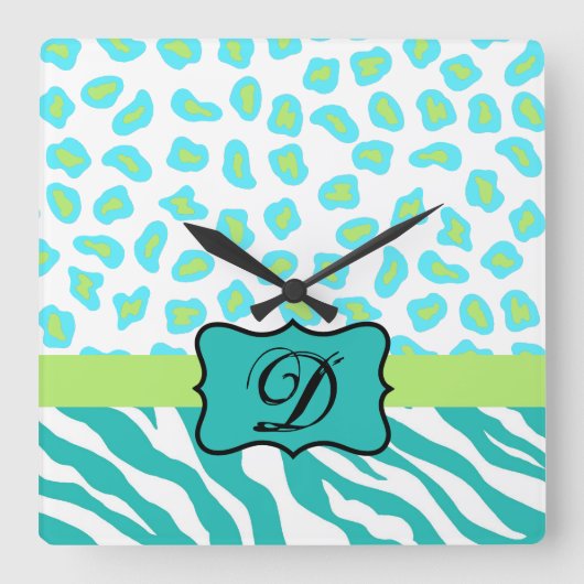 Turquoise White Green Zebra Leopard Skin Monogram Vierkante Klok (Voorkant)