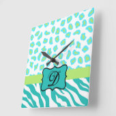 Turquoise White Green Zebra Leopard Skin Monogram Vierkante Klok (Hoek)