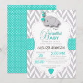 Turquoise, White Grey Elephant Baby shower Kaart (Voorkant / Achterkant)