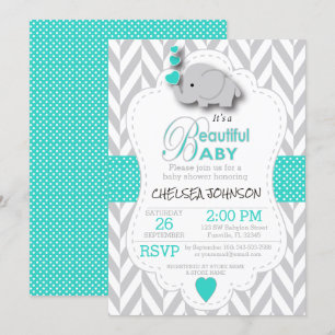 Turquoise, White Grey Elephant Baby shower Kaart