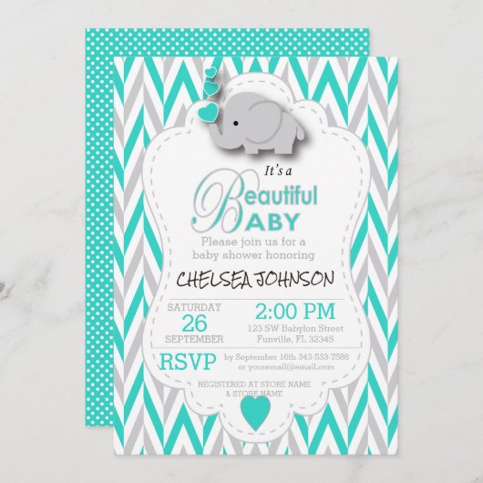Turquoise, White & Grey Elephant Baby shower Kaart (Voorkant / Achterkant)