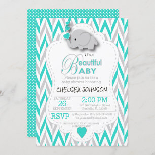 Turquoise, White & Grey Elephant Baby shower Kaart