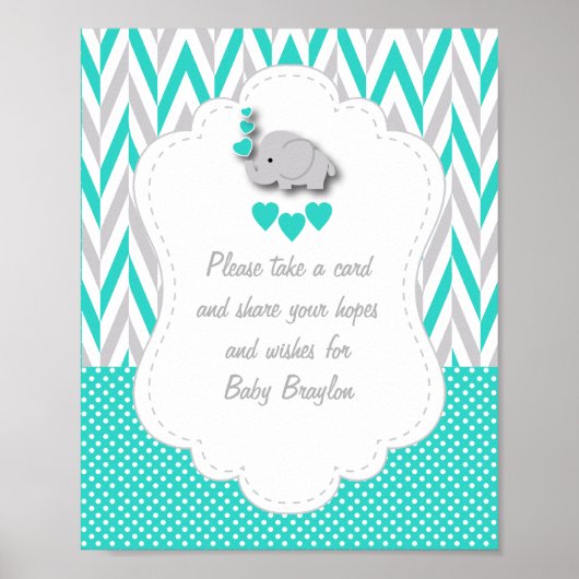 Turquoise, White Grey Elephant Baby shower Poster (Voorkant)