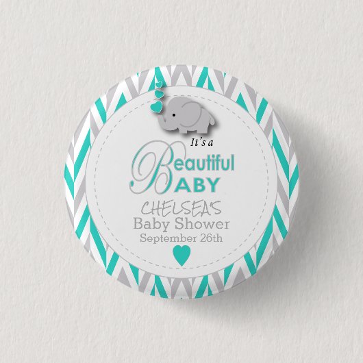 Turquoise, White Grey Elephant Baby shower Ronde Button 3,2 Cm (Voorkant)