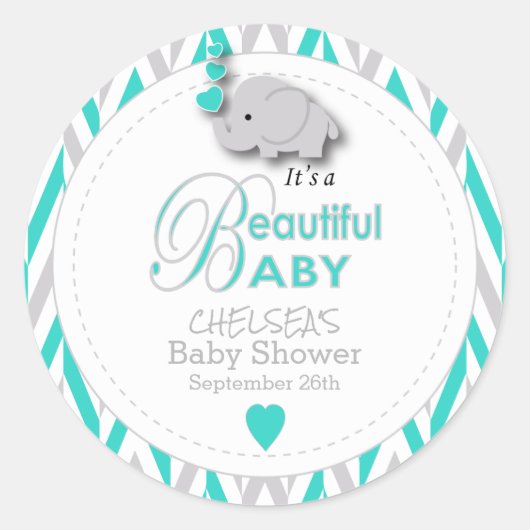 Turquoise, White Grey Elephant Baby shower Ronde Sticker (Voorkant)