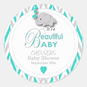 Turquoise, White Grey Elephant Baby shower Ronde Sticker