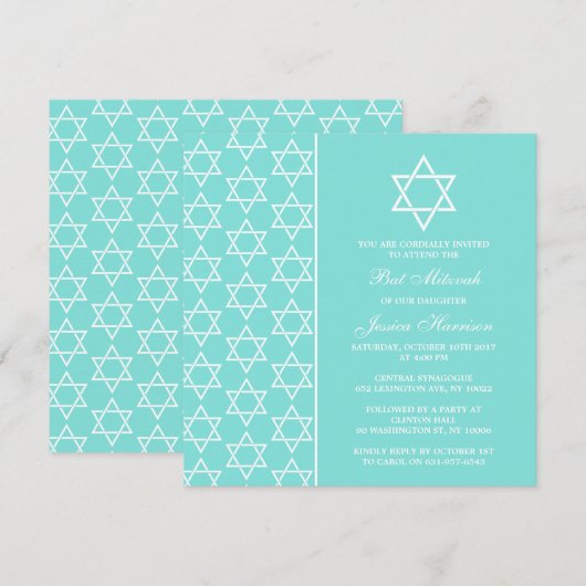 Turquoise & White Jewish Star van David Bat Mitzva Kaart (Voorkant / Achterkant)