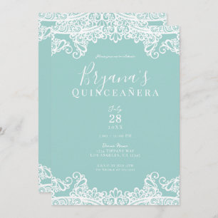 Turquoise & White Lace Elegant Quinceañera Party Kaart