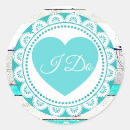 Turquoise White Lacey I do WeddingStickers Ronde Sticker