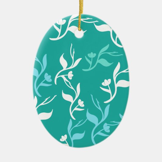 Turquoise White Leaves Pattern Product Keramisch Ornament (Voorkant)