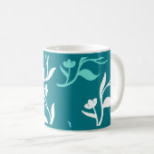 Turquoise White Leaves Pattern Product Koffiemok (Voorkant rechts)