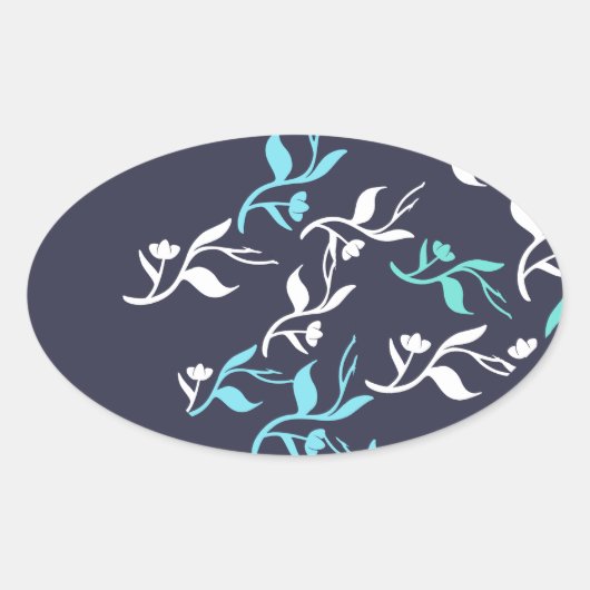 Turquoise White Leaves Pattern Product Ovale Sticker (Voorkant)