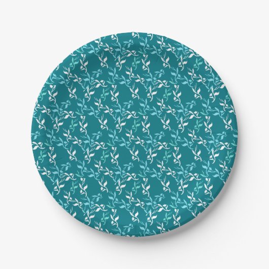 Turquoise White Leaves Pattern Product Papieren Bordje (Voorkant)
