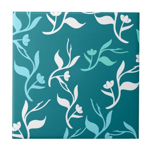 Turquoise White Leaves Pattern Product Tegeltje (Voorkant)