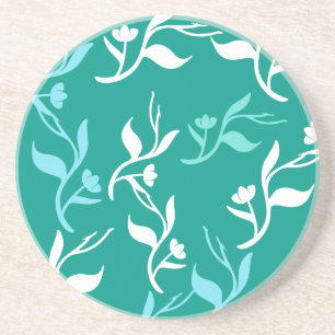 Turquoise White Leaves Pattern Product Zandsteen Onderzetter