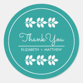 Turquoise White Leaves Weddenschap Ronde Sticker