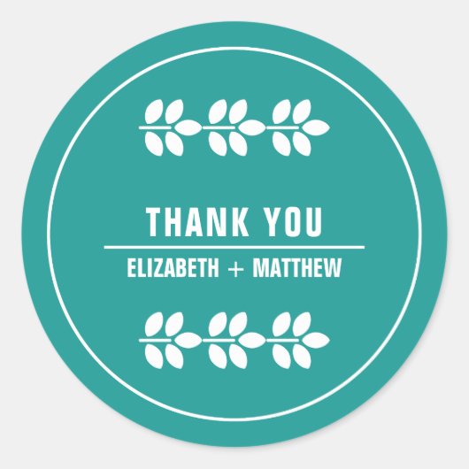 Turquoise White Leaves Weddenschap Ronde Sticker (Voorkant)