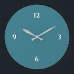 Turquoise & White Minimalist Large Clock Grote Klok<br><div class="desc">De moderne klok kenmerkt een minimalistisch ontwerp in een turquoise en wit kleurenpalet. Een eenvoudig ontwerp met witte aantallen op een turkooisachtergrond. Een trendy toevoeging aan je keuken, woonkamer of kantoor muur, een attent modern kantoor cadeau of een modern thuiscadeau voor elke gelegenheid. U kunt aanpassen door de verstrekte gebieden...</div>